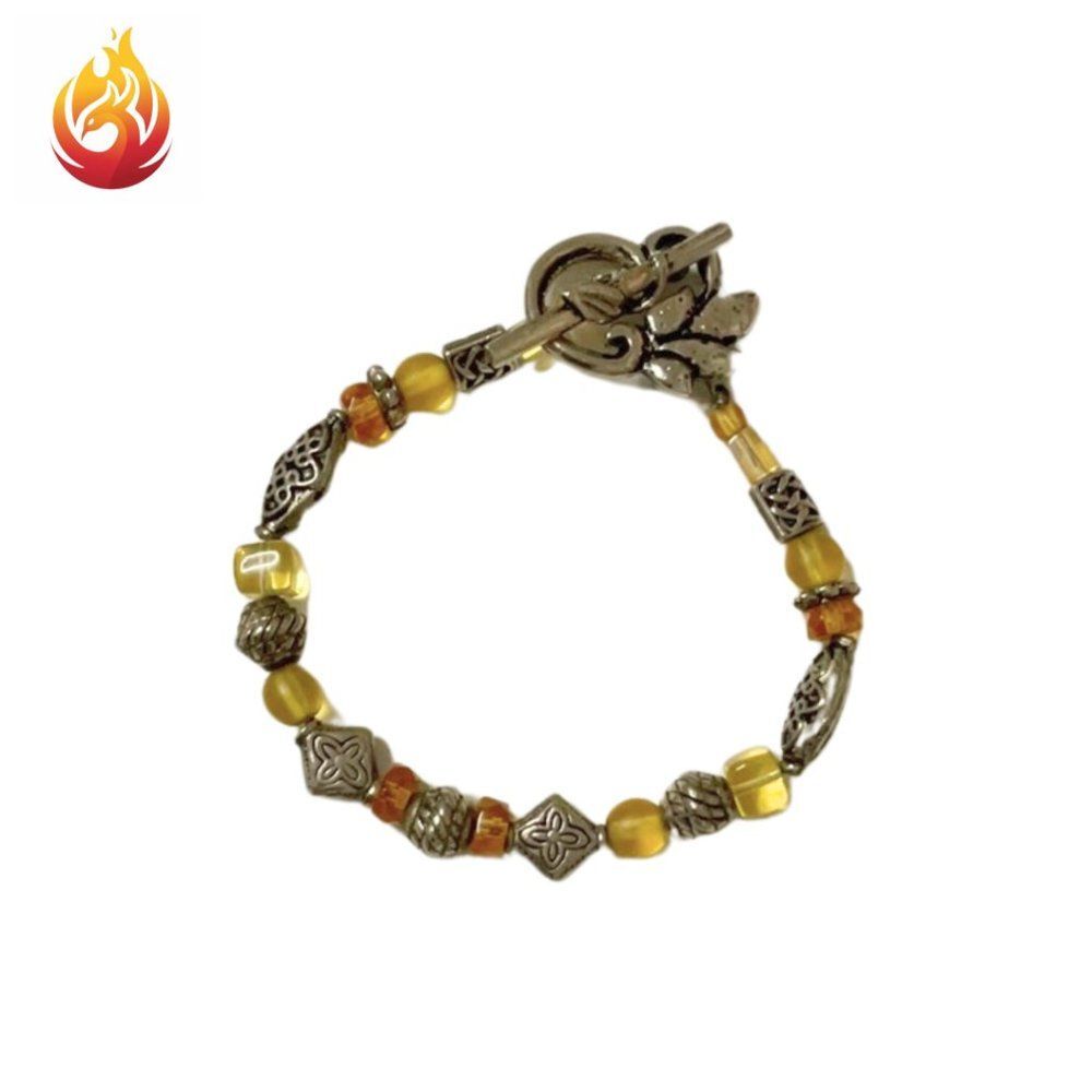 Amber bead silver tone bracelet